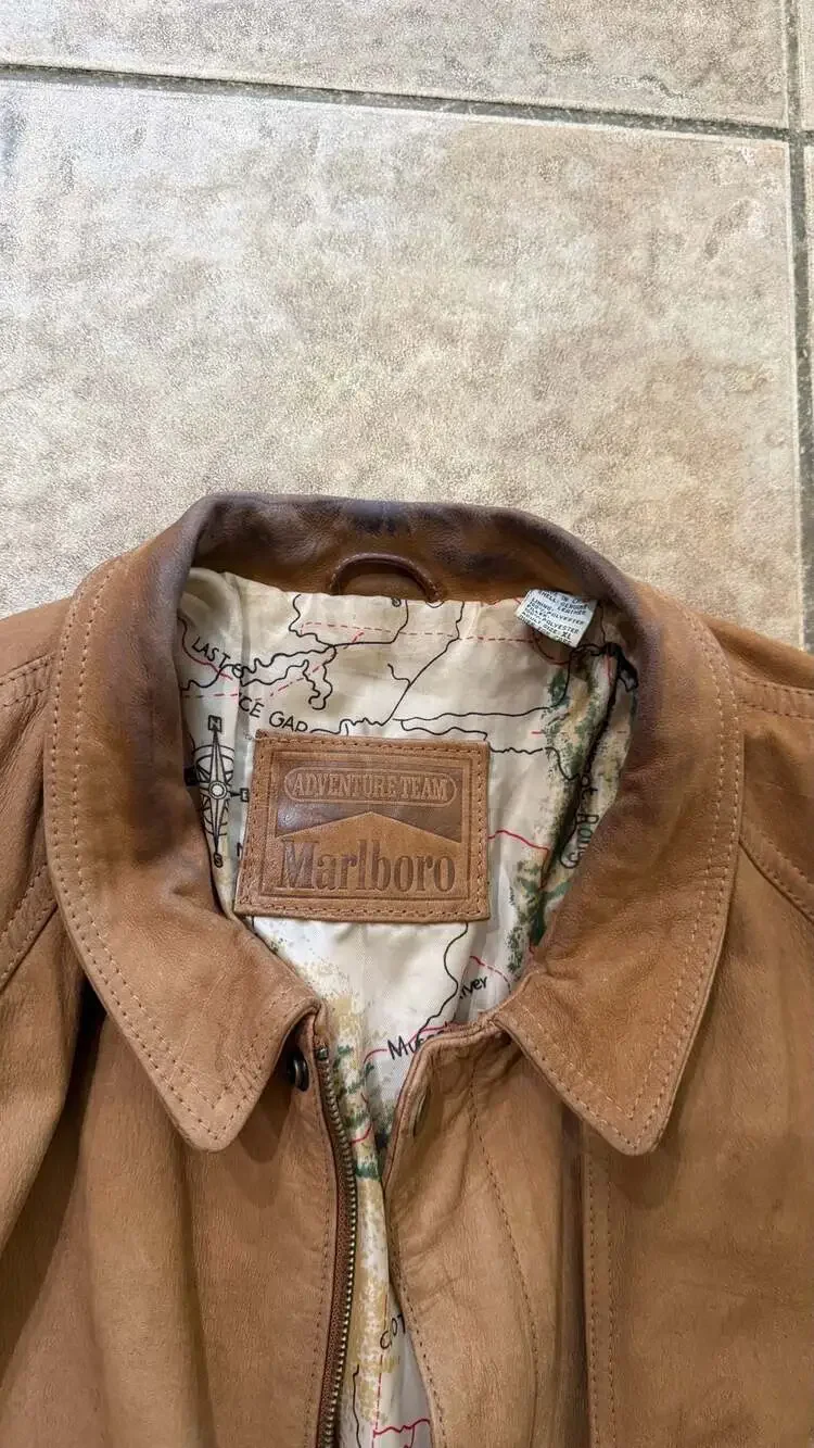 Vintage 90s Marlboro Adventure Team Brown Leather Jacket Size XL - Picture 2 of 4